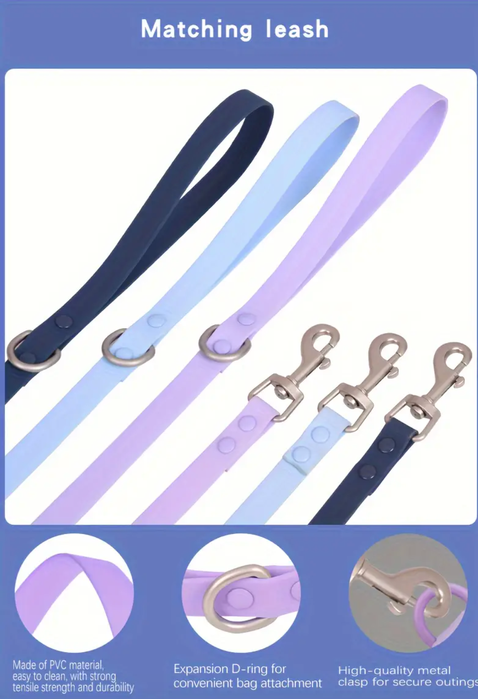 Purple Waterproof rust-proof Easy to clean Comfortable PVC Pet dog Collar Leash Set