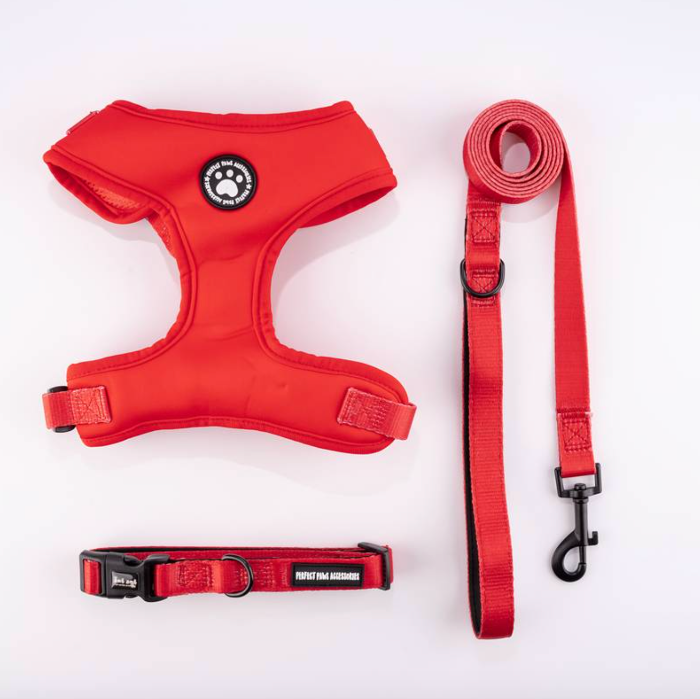 Solid Red All-Season Knit Fabric Dog Harness, Collar and Leash Set