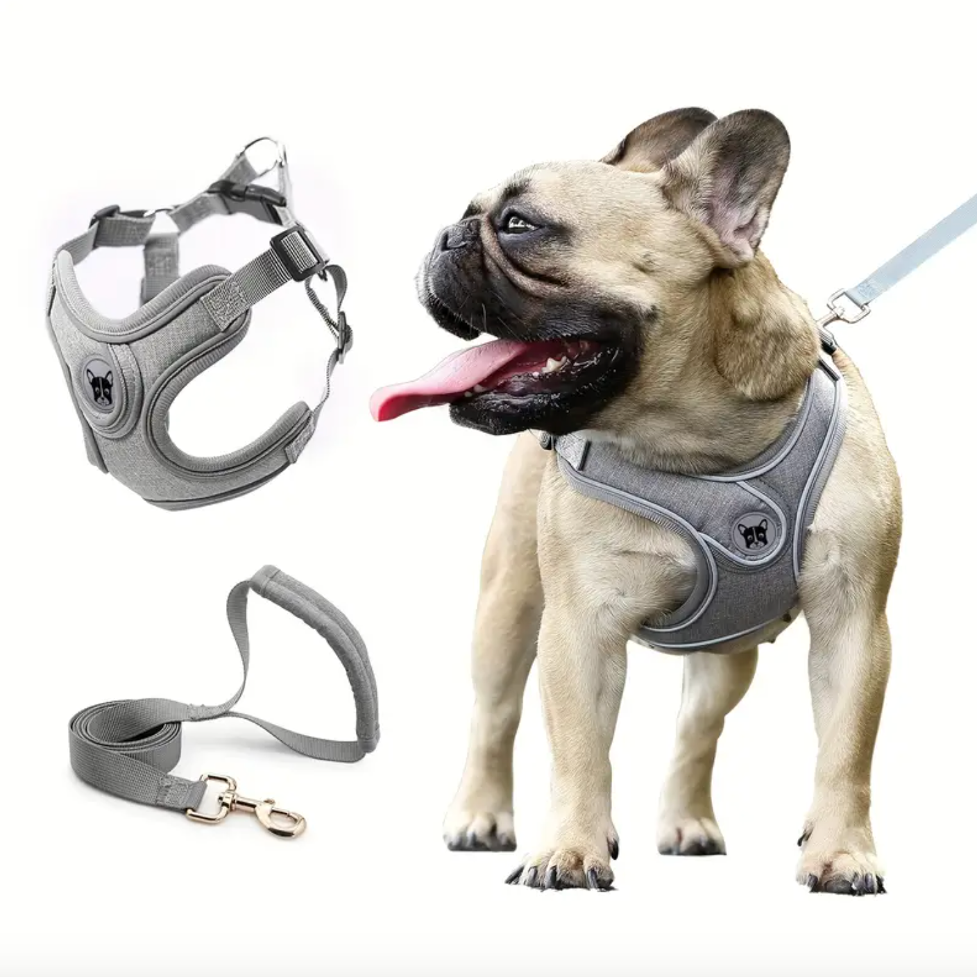 Grey Adjustable Dog Harness and Traction Rope Set