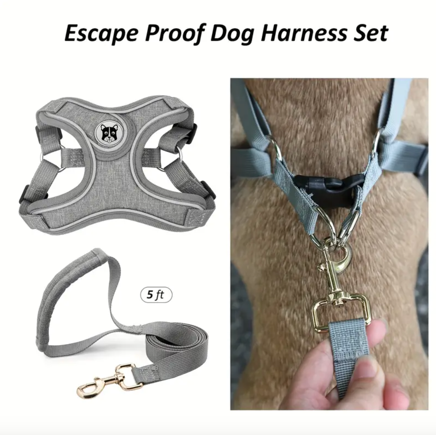 Grey Adjustable Dog Harness and Traction Rope Set